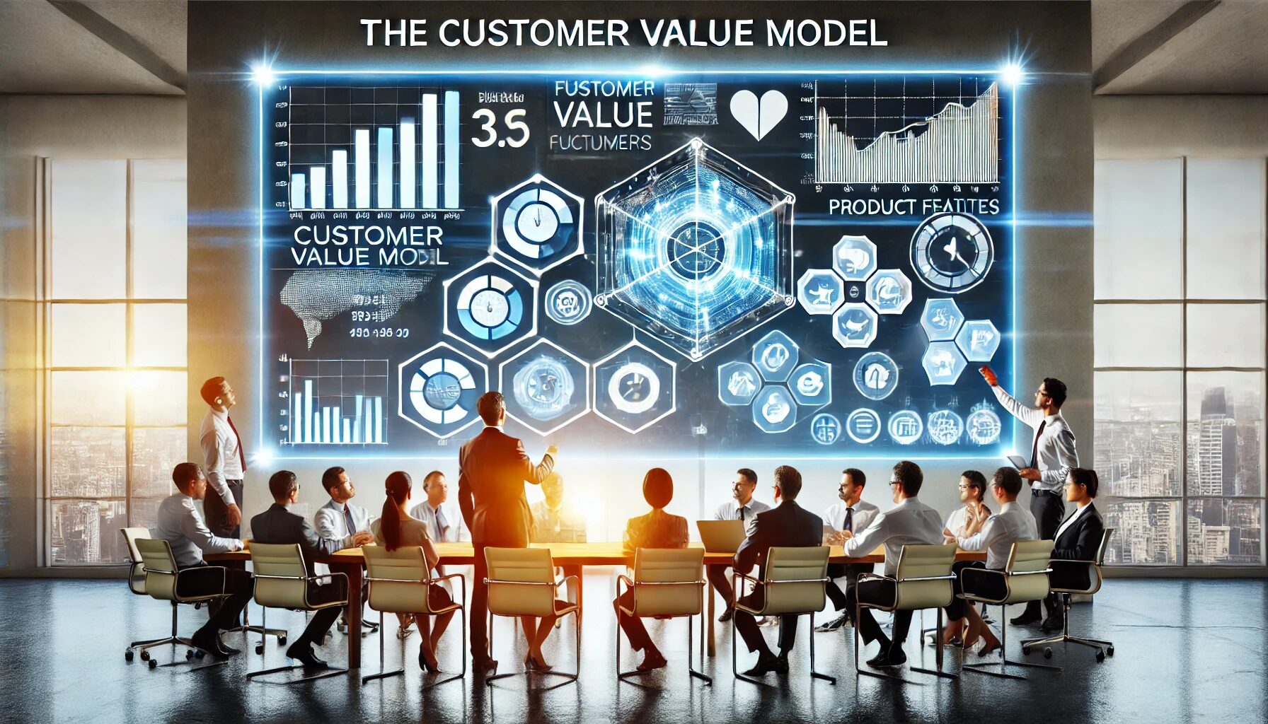 I have created an image representing the concept of a customer value model in a professional business setting, showing a team collaborating and discussing financial metrics and product features to understand the value a company provides to its customers. The scene highlights a high-tech conference room with graphs and charts projected on a large screen.