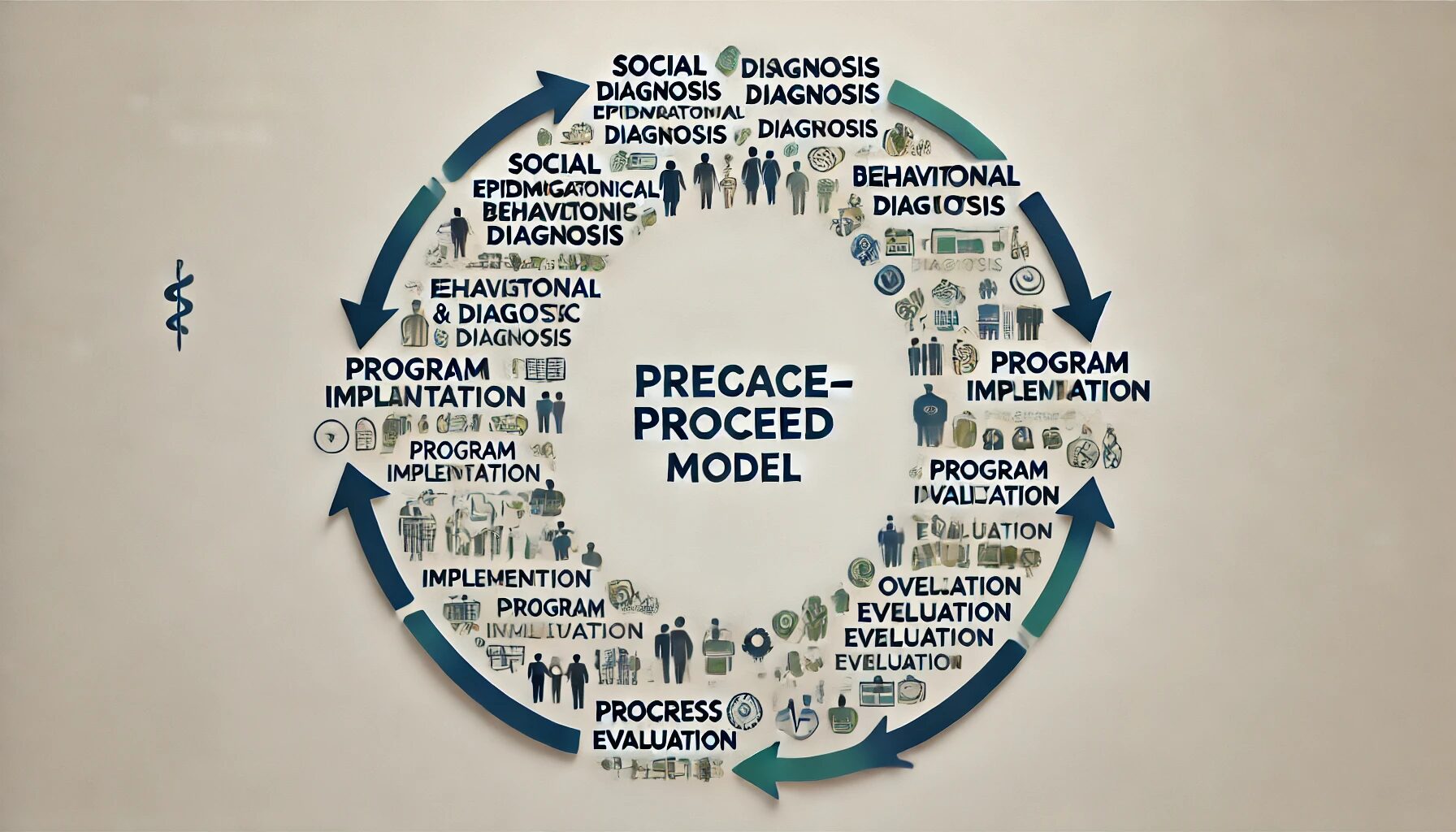 I have created an image that visually represents the PRECEDE–PROCEED model, which is a framework for planning and evaluating health programs. The image illustrates the eight phases of the model: Social Diagnosis, Epidemiological Diagnosis, Behavioral Diagnosis, Educational and Ecological Diagnosis, Administrative Diagnosis, Program Implementation, Process Evaluation, Impact Evaluation, and Outcome Evaluation. Arrows guide the flow from one phase to the next in a step-by-step manner, reflecting the model's structured approach.