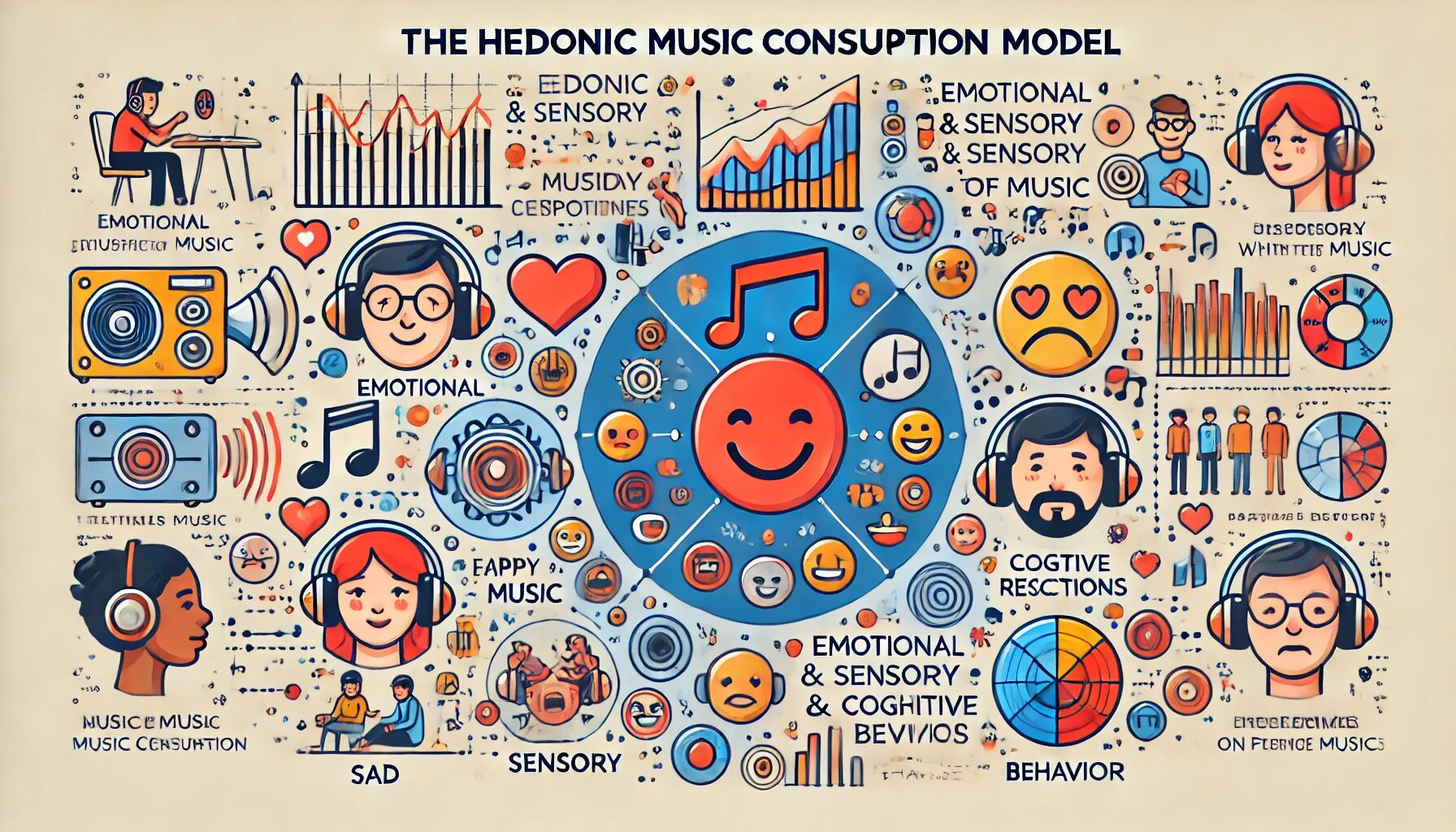 The image created represents the Hedonic Music Consumption Model by showcasing abstract sound waves and emotional responses such as happiness and sadness. It visually emphasizes the consumer’s emotional and sensory experiences when engaging with music through various devices like headphones and speakers. The design highlights how these emotional, sensory, and cognitive reactions influence the decision to purchase music, aligning with the model's focus on the experiential aspect of music consumption.