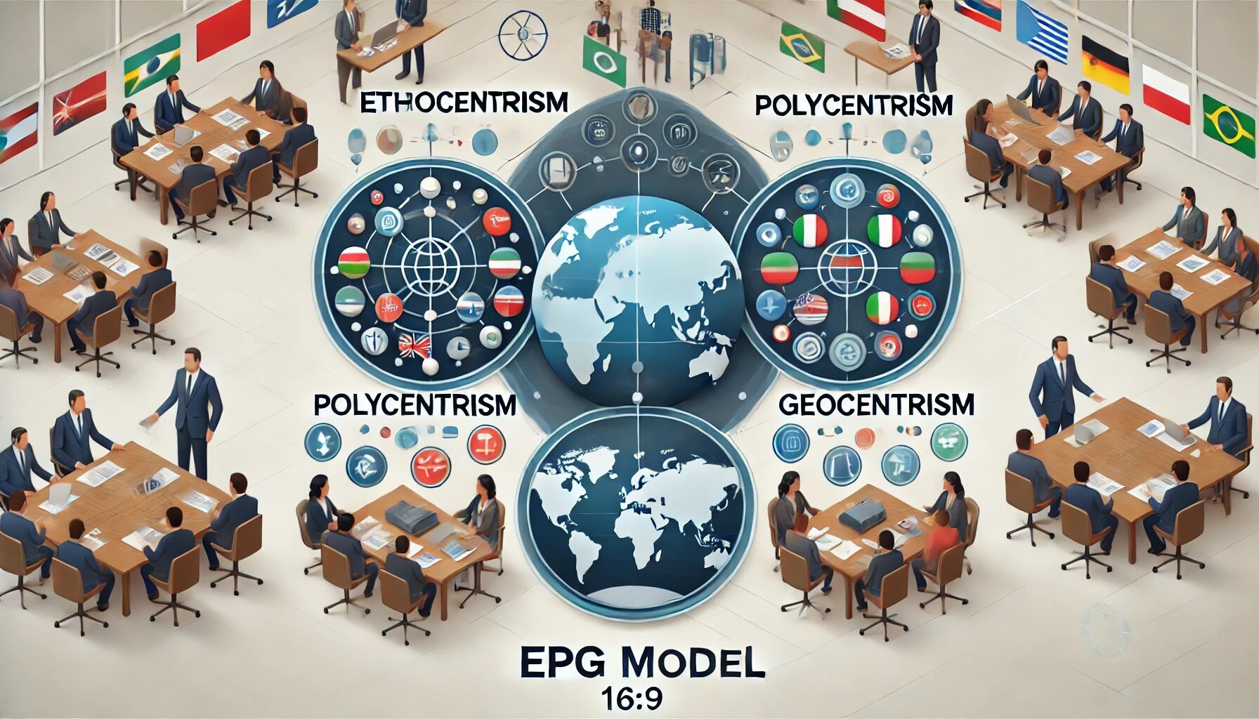 The image illustrates the EPG Model, visually representing the three global business strategies: Ethnocentrism (focusing on a single dominant country), Polycentrism (a network of distinct countries), and Geocentrism (symbolizing global unity). The overall structure is clear, corporate, and educational, with icons representing each concept.