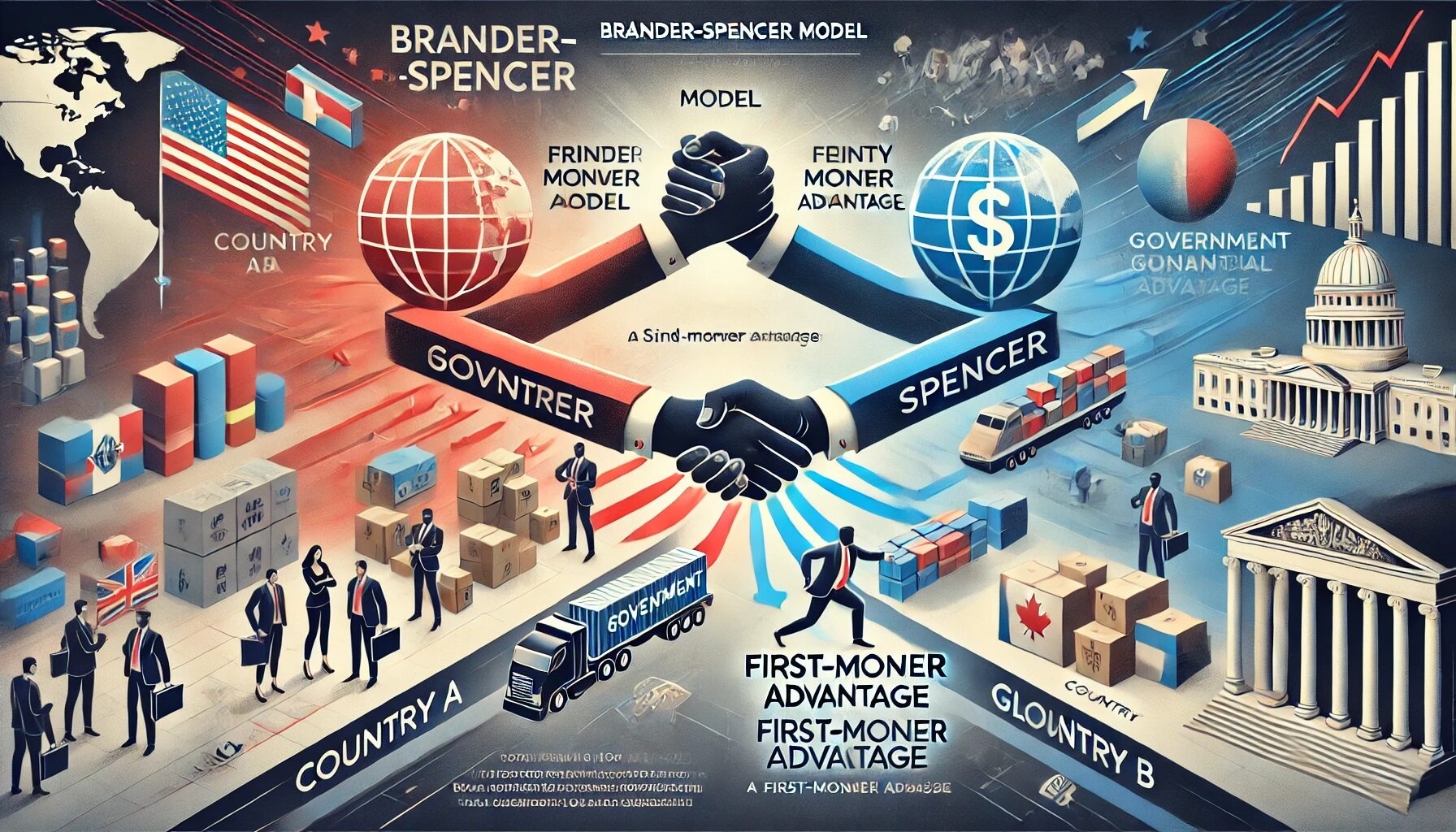 The image visually represents the Brander-Spencer Model in a global trade context. It features two competing international companies, with one gaining a first-mover advantage due to a subsidy provided by its government's strategic financial support. The background highlights a competitive market setting, emphasizing the influence of government intervention. The abstract infographic style illustrates these economic dynamics, showing how a nation's firm can outpace its rivals through government-backed advantages.