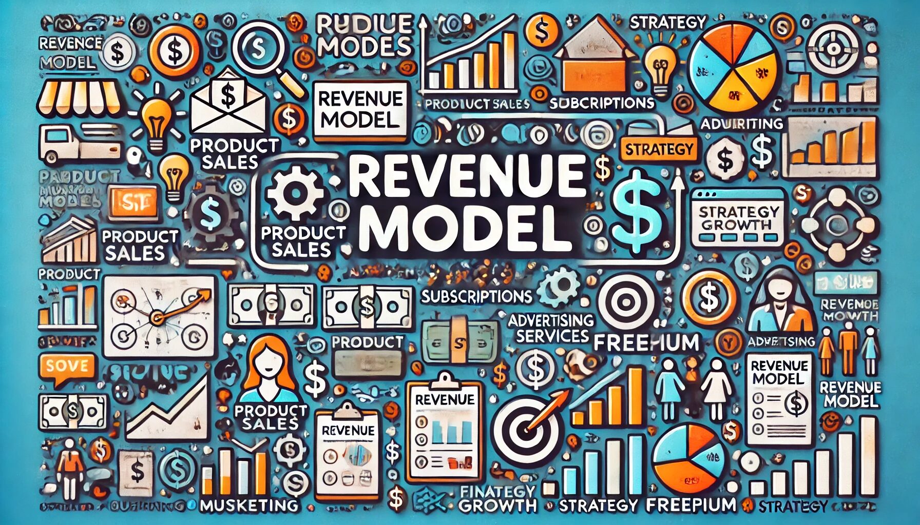 The image represents the concept of a "Revenue Model," showcasing different business models like product sales, subscriptions, advertising, and freemium services. It illustrates digital marketing strategies, customer engagement, and financial growth with interconnected symbols such as dollar signs, charts, and marketing icons, emphasizing the various ways companies generate revenue.