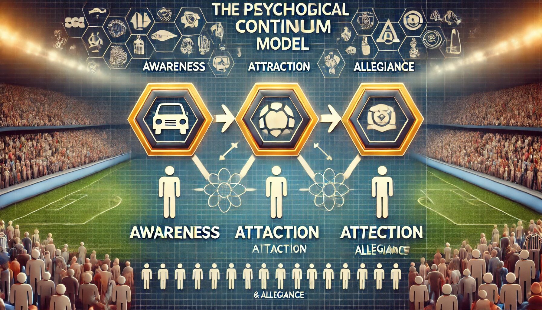 This image visually represents the Psychological Continuum Model (PCM), depicting the four stages of consumer engagement in sports or events. The progression is illustrated with arrows guiding viewers through each stage: Awareness, Attraction, Attachment, and Allegiance. Each stage highlights the deepening emotional connection a person develops toward a sport or event. The icons in the background symbolize the growing involvement and loyalty associated with the sports or events industry.