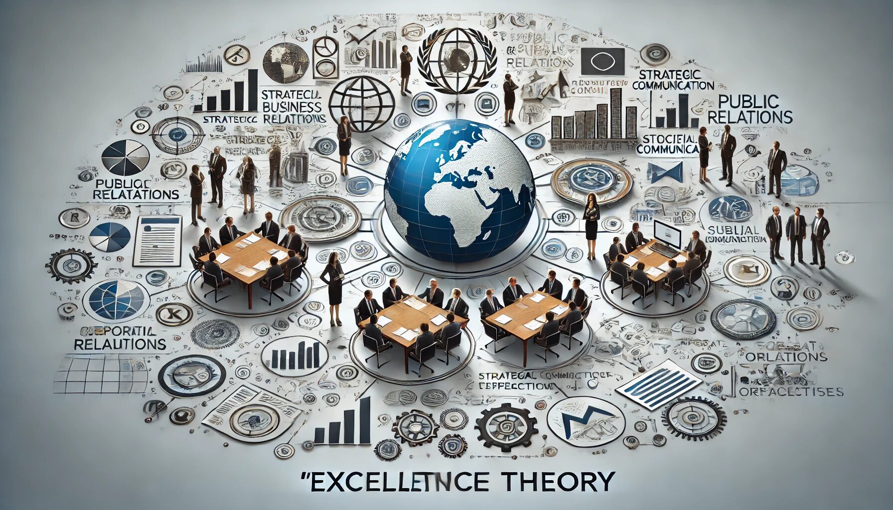 The image represents the concept of 'Excellence Theory' in public relations. It features a professional business meeting with people engaged in strategic communication. There are symbols of global connectivity, such as a world map and a globe, indicating the international scope of the theory. The visuals include public relations activities like press releases, social media interaction, and corporate communication. The overall theme emphasizes the importance of building strong relationships between organizations and their publics to enhance organizational effectiveness.