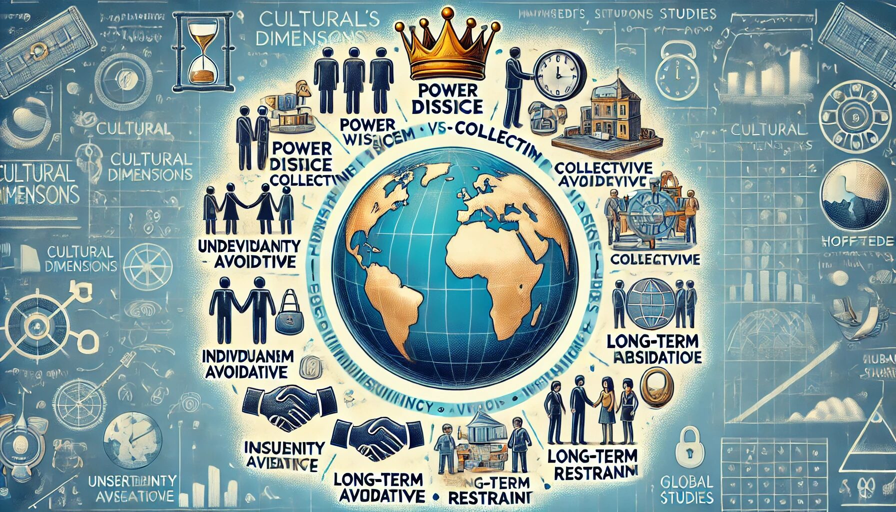 The image illustrates Hofstede's Cultural Dimensions Theory, depicting a globe surrounded by icons representing the six cultural dimensions: Power Distance (a crown), Individualism vs. Collectivism (a single person and a group of people), Uncertainty Avoidance (a shield), Masculinity vs. Femininity (a handshake), Long-Term vs. Short-Term Orientation (a clock), and Indulgence vs. Restraint (a glass of wine and a locked padlock). The background suggests an academic context, emphasizing research and global studies.