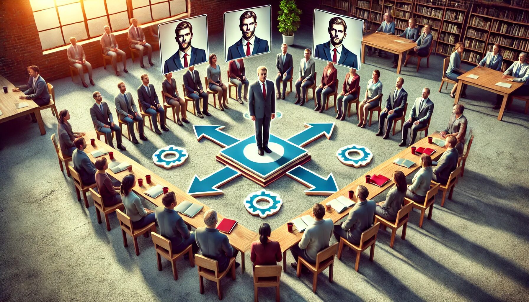 This image visually represents the concept of Expectation States Theory. It depicts a small group of people in an office or meeting room setting. Some individuals have visible symbols of higher status, such as suits or badges, while others do not. The higher-status individuals are more central in the image, with others looking towards them, indicating a clear hierarchy and power dynamics within the group. This setting reflects the social and professional interactions that the theory aims to explain.