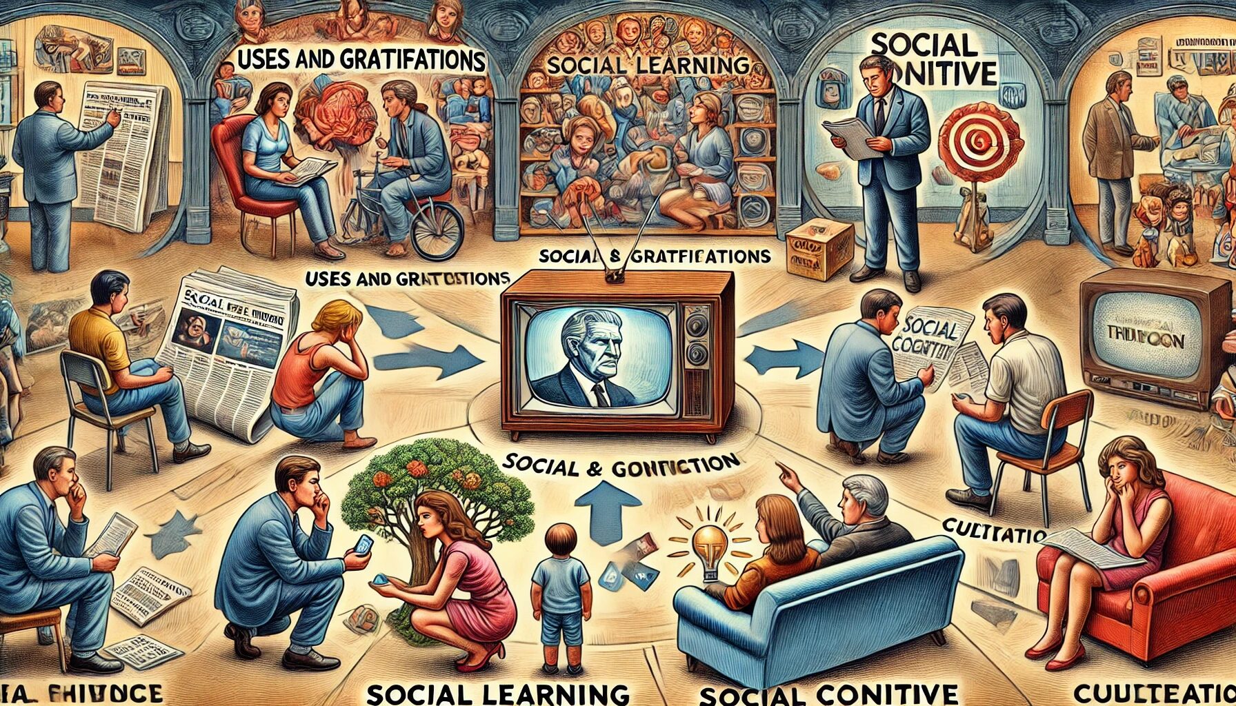 The image illustrates various theories of media exposure with people interacting with different media forms such as TV, social media, and newspapers. Each theory is represented with visual metaphors: Uses and Gratifications Theory: A person choosing from different media options. Social Learning Theory: A group of individuals learning from each other. Social Cognitive Theory: Someone observing and applying knowledge. Cultivation Theory: A TV viewer's perception being shaped by what they watch. These visual representations provide a clear and engaging depiction of the key concepts in media exposure theories.