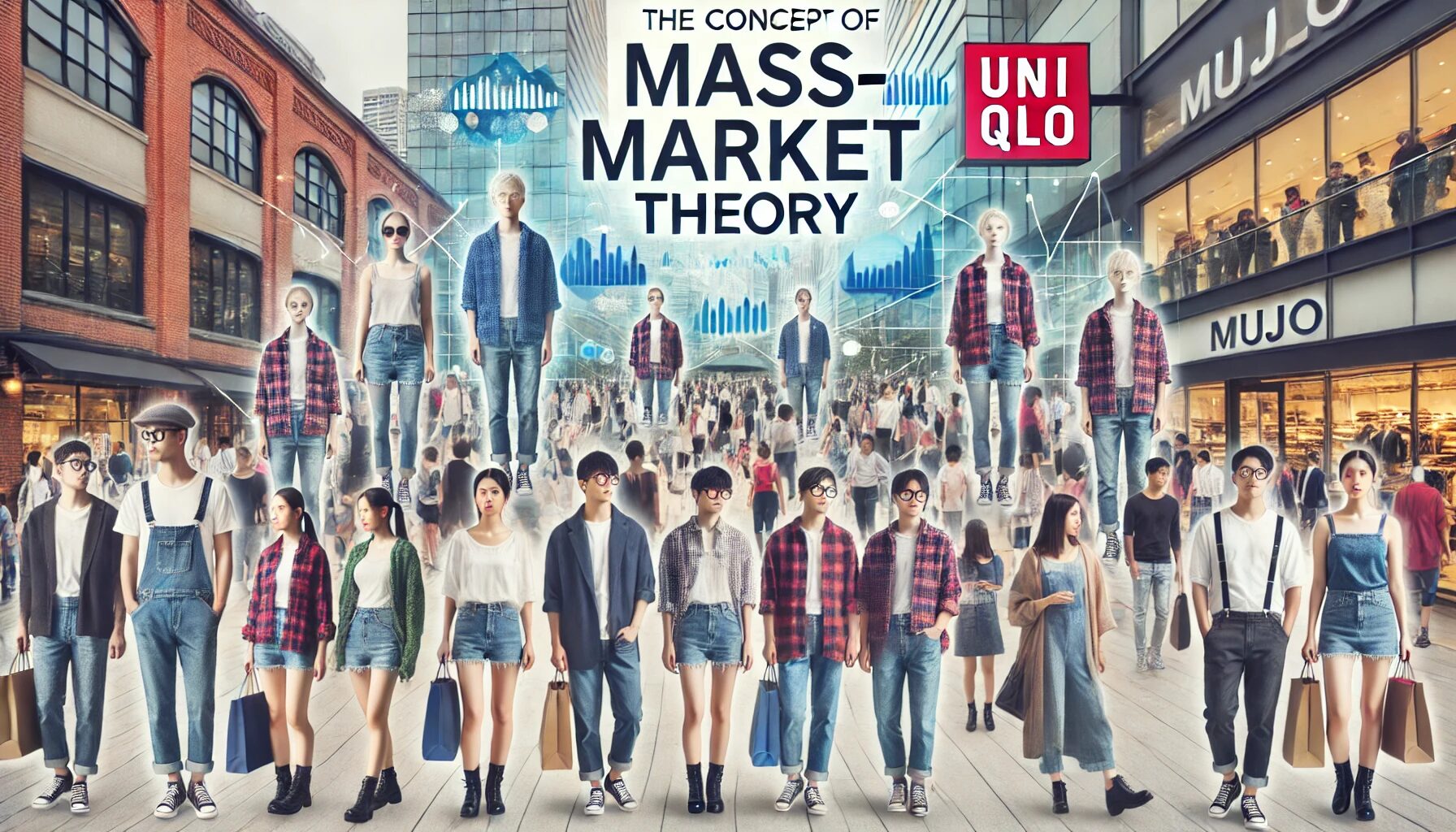 This image illustrates the concept of mass-market theory in the fashion industry. It shows a diverse group of people from different social and economic backgrounds wearing similar simple and stylish clothing from popular brands like Uniqlo and Muji. The urban setting in the background features people shopping and interacting, emphasizing the widespread and simultaneous adoption of fashion trends across various groups.